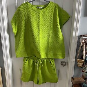 Lime Green Textured Top and Shorts Set
